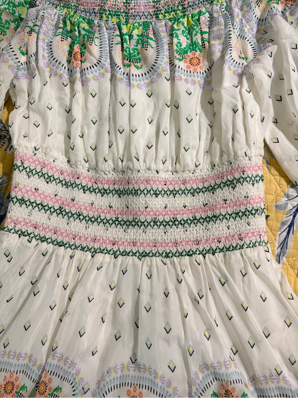ALICE + OLIVIA Off-Shoulder Smocked Dress with Green Floral Print (Small petite) - Picture 14 of 16